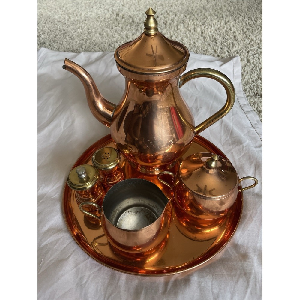 VTG Portugal Copper Coffee or Tea Pot Set with Tray by NT ODI Old Dutch Intl‎